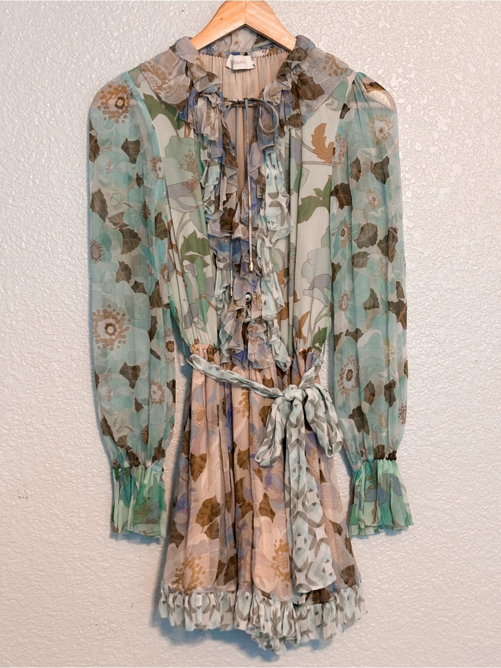 Zimmermann Floral Ruffle Tie-Waist Romper in Mint, Beige, Brown